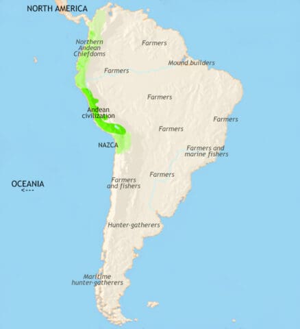 Map of South America in 30 BCE, localized cultures, including the Nazca, flourish in the high Andes and coasts of Peru. The Arawak are spread across northern South America.