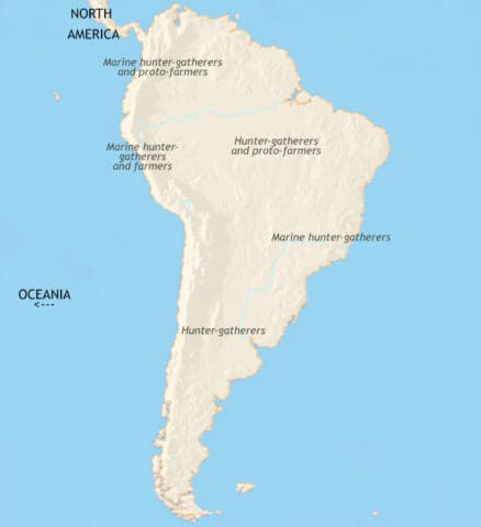 Map of South America in 3500 BCE, Permanent farming villages have grown up along coasts and rivers, but most areas are still inhabited by groups of hunter-gatherers.