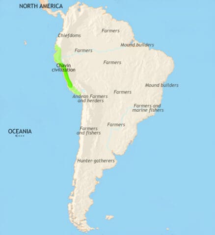 Map of South America in 500 BCE, In the highlands of Peru, the Chavin civilization has appeared. In the Amazon basin, Arawak diaspora continues as regional cultures develop.