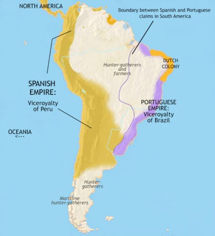 Map of South America in 1648 CE, the enormous Inca empire ends with the arrival of the Spanish. The Spanish and Portuguese now control much of South America.