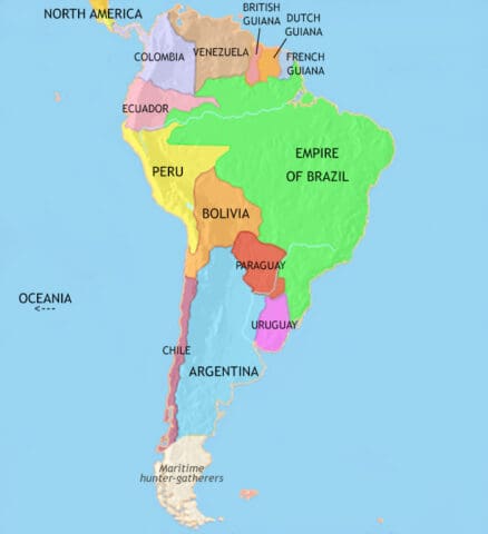Map shows South America in 1837 CE, after the Wars of Liberation against the Spanish Colonial Empire.