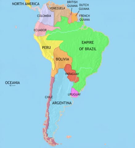 Map of South America in 1871 CE, Brazil has progressed economically. Chile and Argentina have seen large-scale immigration from Europe. Many states remain political unstable.