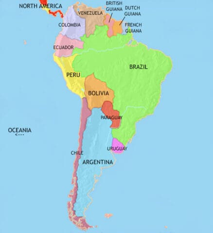 Map of South America in 1914 CE, Brazil, Argentina and Chile are growing wealthy but wars and military dictatorships have hampered many countries reaching full potential.
