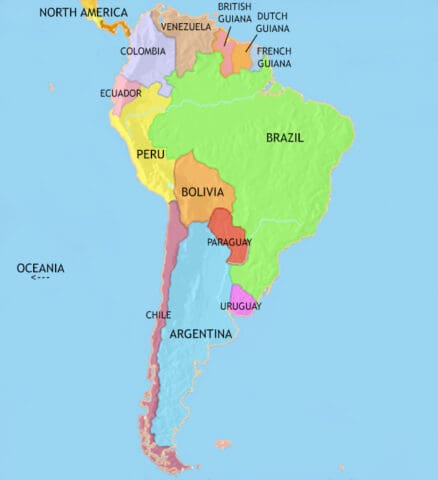 Map of South America in 1960 CE, after playing little part in two world wars, an economic downturn in the 1930s has boosted dictatorships, except in Uruguay.