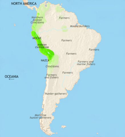 Map of South America in 200 CE, a influential high-level of civilization has appeared in Peru, the Moche. In Amazonia, the Arawak are forming into regionally rooted societies.