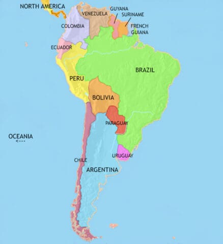 Map of South America in 2005 CE, many countries have swung to military dictatorship and then democracy. Economic problems and terrorism have challenged some countries.