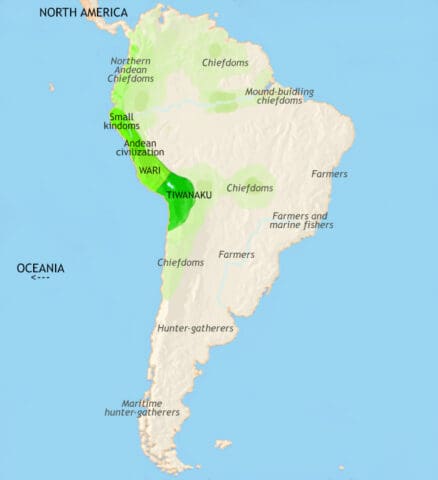 Map of South America in 750 CE, the Tiwanaku and Wari empires now dominate the highlands of Peru. The mound-building cultures of lower Amazonia are at their height.