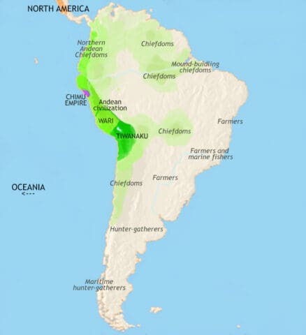 Map of South America in 979 CE, the Chimu empire has appeared on the Pacific coast. In the Amazonian region, full-blown chiefdoms and well-organized kingdoms exist.