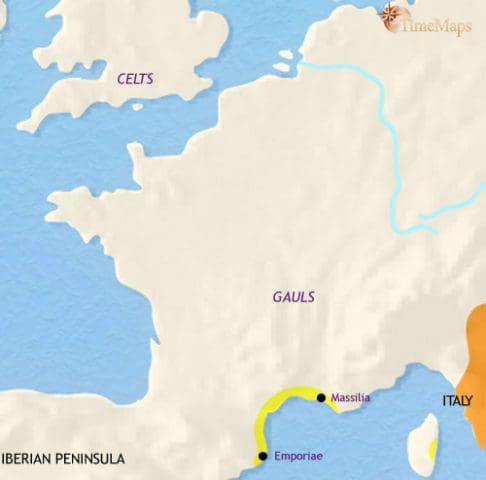 Map of France in 500 BCE, when the area is inhabited by Celtic tribes - the Gauls. Powerful chiefdoms have emerged and trade with the Mediterranean.