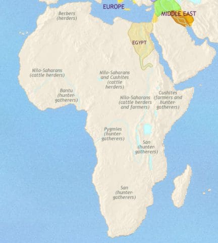 Map of Africa in 1500 BCE, the civilization of Ancient Egypt is reaching new heights and controls Nubia. Elsewhere the birth of tropical farming has occurred.