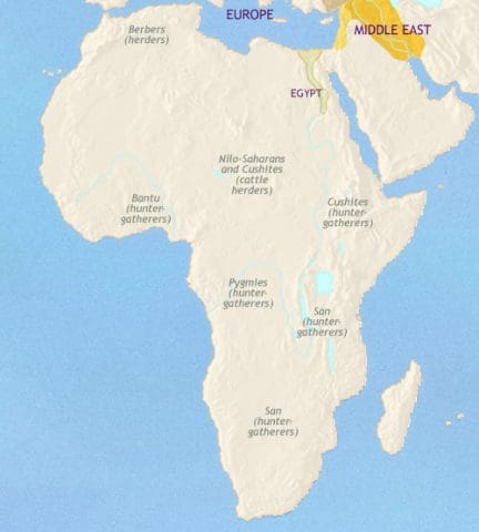 Map of Africa in 2500 BCE, in the Nile Valley of Egypt one of the great civilizations of the ancient world is flourishing. Farming has spread to Nubia.