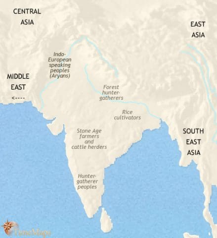 Map of India and South Asia in 1500 BCE, The Indus Valley civilization has ended and Indo-European pastoralists (Aryans) migrate from central Asia.