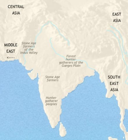 Map of India and South Asia in 3500 BCE, showing long-established farming villages in the Indus valley and small villages and hunter-gatherers elsewhere.