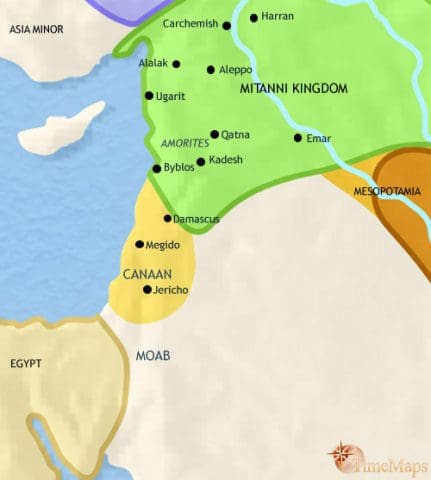Map of Syria in 1500 BCE, when it is seeing large scale immigration (Amorites and Canaanites), probably including the ancestors of the Israelite people. The Mitanni control the north.