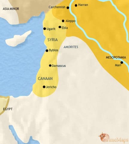 Map of Syria in 2500 BCE, the lands of Syria and Canaan are home to small cities and important trade routes run through them bringing influences from Mesopotamia and Egypt.