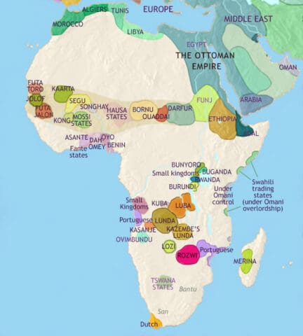 Map of Africa in 1789 CE, The Atlantic Slave Trade is at its height, and having a destructive impact on the African interior. Dutch and French (Boer) farmers have settled in South Africa.