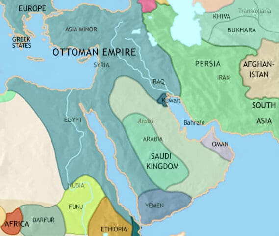 Map of Middle East 1789 CE, The Safavid dynasty has fallen. In Arabia, the Gulf emirates are being established, first Saudi kingdom has appeared.