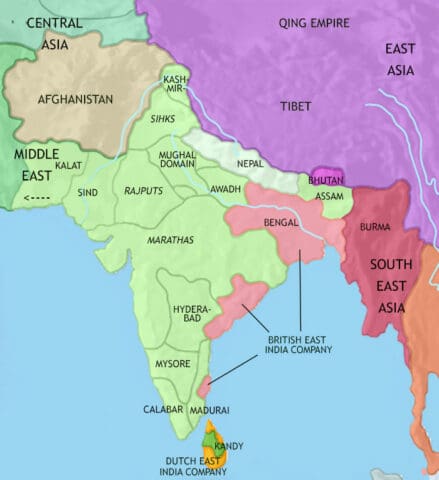 Map of India and South Asia in 1789 CE, as the Mughal empire declines into independent states, Europeans expand their interests. Sikh kingdoms form in the north-west.