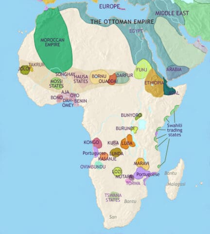 Map of Africa in 1648 CE, the Atlantic slave trade increases as the Portuguese seize cities in East Africa and set up a colony south of the Sahara. North Africa is ruled by the Ottoman empire.
