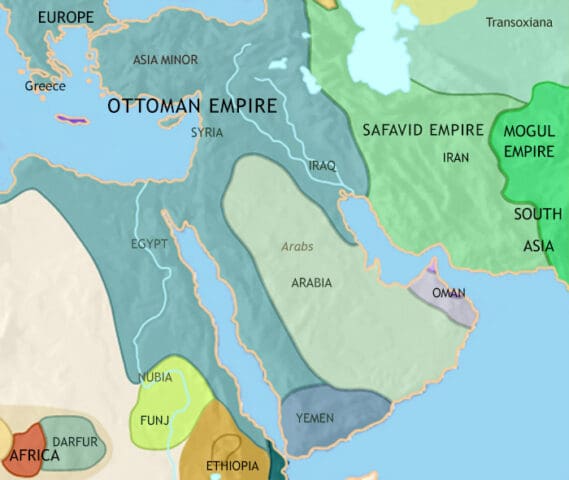 Map of Middle East 1648 CE, showing rule by two major powers. The Ottoman empire in the west and to the east, Safavid Iran.