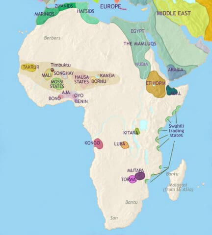 Map of Africa in 1453 CE, North Africa has seen Arab immigration. New kingdoms emerge in East and West Africa. The Portuguese have arrived in West Africa and the slave trade has begun.