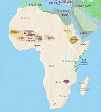 Map of Africa in 1215 CE, - a Golden Age for Ethiopia. The Almohads rule North Africa. Trade expansion sees new kingdoms in West Africa and urban development in Central and East Africa.