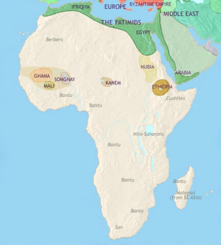Map of Africa in 979 CE, in North Africa the Islamist Fatimids rule. Christian Nubian is flourishing. Islam is spreading into developing West Africa.