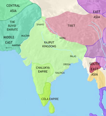 Map of India and South Asia in 979 CE, powerful northern dynasties devolve to princes (Rajputs). The Chalukyas rule the Deccan. In the south the Chola rule.