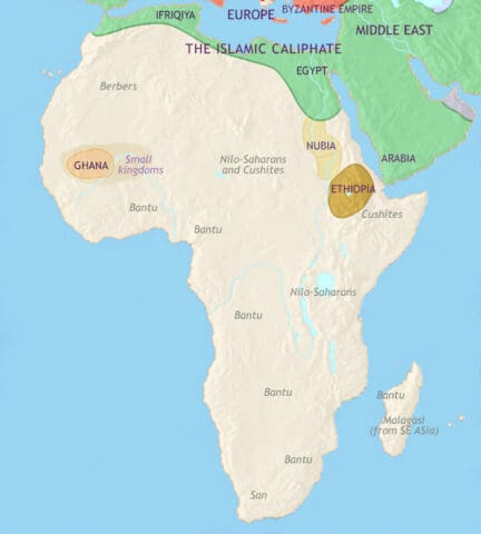 Map of Africa in 750 CE, wealthy kingdoms, like Ghana, emerge in West Africa, North Africa is part of the Islamic caliphate and Southeast Asian colonists have reached Madagascar.