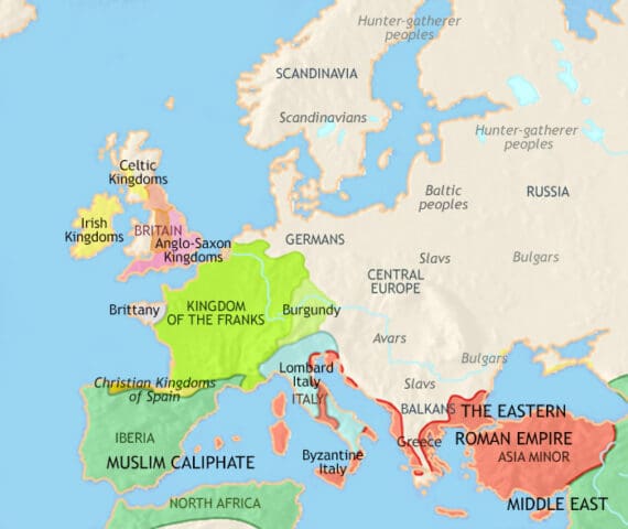 Map of Europe in 750 CE, Medieval Europe is emerging. Christian Anglo-Saxon and Frankish Kingdoms in the north-west, the vast Muslim Caliphate controls Spain.