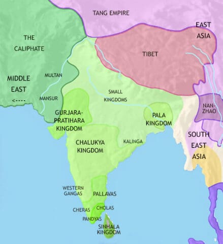 Map of India and South Asia in 750 CE, powerful regional kingdoms emerge in the north and Hinduism becomes dominant. The Buddhist Pallavas dominant southern India.