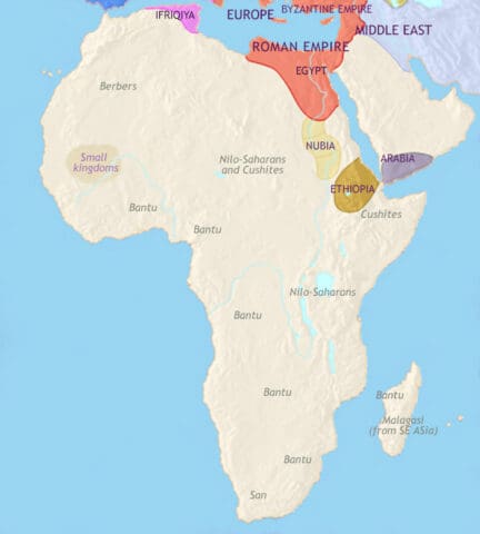 Map of Africa in 500 CE, the powerful Axumite kingdom has invaded Nubia, Sahara trade routes have developed and Parts of North Africa are occupied by Berbers and Vandals.