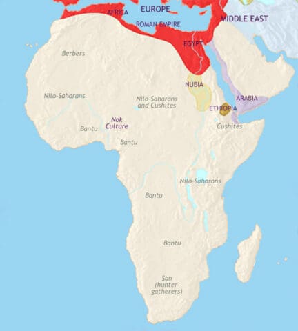 Map of Africa in 200 CE, when the kingdom of Axum has appeared. Bantu migration continues and Rome depends on Africa for grain, exotic animals and slaves.