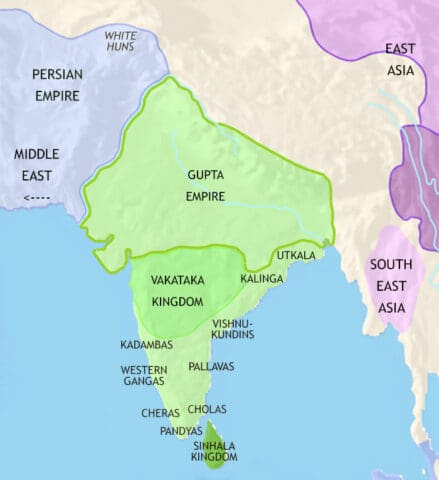 Map of India and South Asia in 500 CE, a great Gupta empire rules northern India with the Vataka Kingdon in the Deccan, both are in decline under Hun attacks.