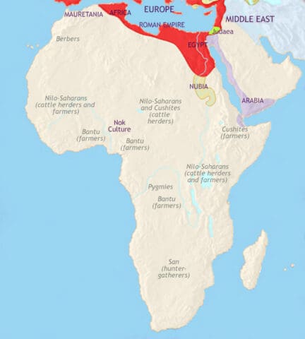 Map of Africa in 30 BCE, when North Africa is part of the Roman empire, Nubia, however, retains independent. In central Africa the Bantu expansion continues east and south.