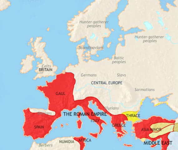Map of Europe in 30 BCE, The Roman empire rules much of Europe; including Italy, Spain, Gaul, parts of North Africa and Greece, spreading Graeco-Roman civilization.