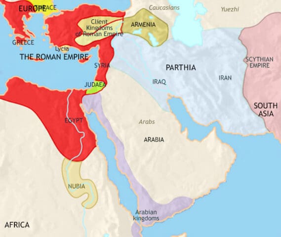 Map of Middle East 30 BCE, the region is divided between the Roman Empire to the west and Parthia to the east.