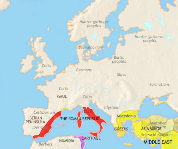 Map of Europe in 200 BCE, Greek and ‘Hellenistic’ cities and cultures thrive, but Rome is now the leading power in the western Mediterranean. Celts dominate much of Europe.
