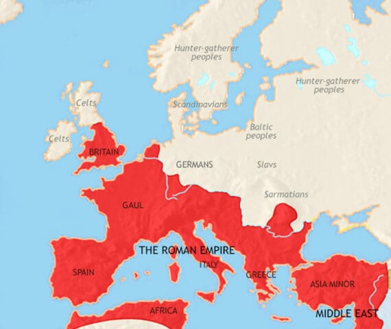 Map of Europe in 200 CE, The Roman empire, has expanded to include Britain, the Balkans and part of central Europe. Christianity is spreading.