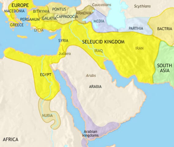 Map of Middle East 200 BCE, after Persian empire is conquered, it divides into powerful kingdoms including: Ptolemies (Egypt), Seleucids (Syria, Mesopotamia, Iran)