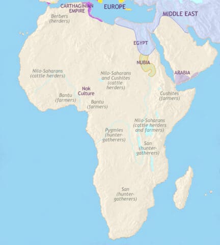 Map of Africa in 500 BCE, Bantu farmers from West Africa are beginning to spread out across the continent. Persia now rules Egypt but Nubia continues to develop independently.