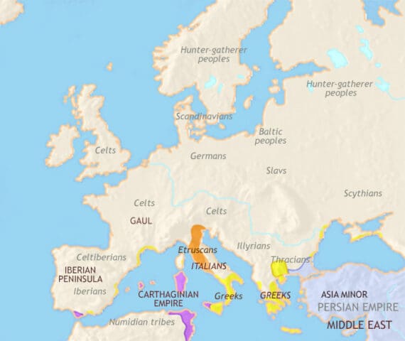 Map of Europe in 500 BCE, Iron Age Celts dominate much of Europe. In the Mediterranean a number of city-state civilizations, most notably the Greeks, flourish.