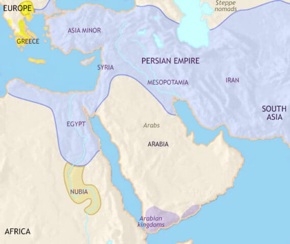 Map of Middle East 500 BCE, successive imperial powers end with the Persian Empire covering the entire region.