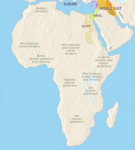 Map of Africa in 1000 BCE, Egyptian civilization is in decline; cattle-herding and farming is spreading in western and central Africa, and tropical farming in West Africa.