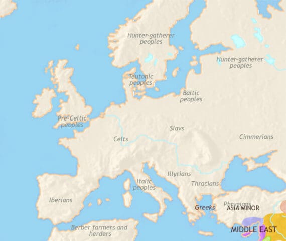 Map of Europe in 1000 BCE, Minoan and Mycenaean civilizations have vanished. Movement of Tumulus cultures (who will become Celts, Germans, Slavs, Italians) see widespread upheaval.