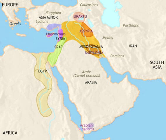Map of Middle East 1000 BCE, after invaders devastate old empires, Phoenicians and Israelites come to the fore.
