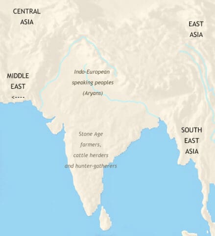 Map of India and South Asia in 1000 BCE, Aryans are now living in villages and tribal states spread across northern India. The Vedic age begins. Hinduism founded.