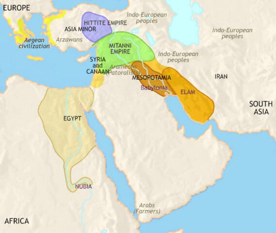 Map of Middle East 1500 BCE, showing formation of Hittite, Mitanni and Babylonian Empires and the Kingdom of Egypt.