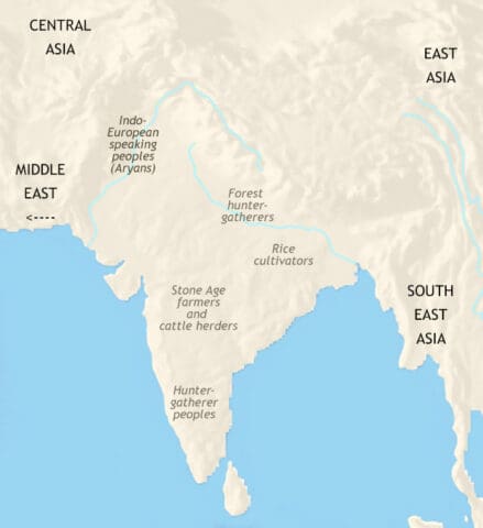 Map of India and South Asia in 1500 BCE, The Indus Valley civilization has ended and Indo-European pastoralists (Aryans) migrate from central Asia.