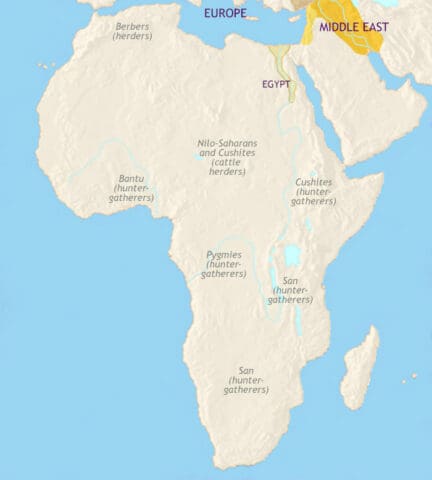 Map of Africa in 2500 BCE, in the Nile Valley of Egypt one of the great civilizations of the ancient world is flourishing. Farming has spread to Nubia.